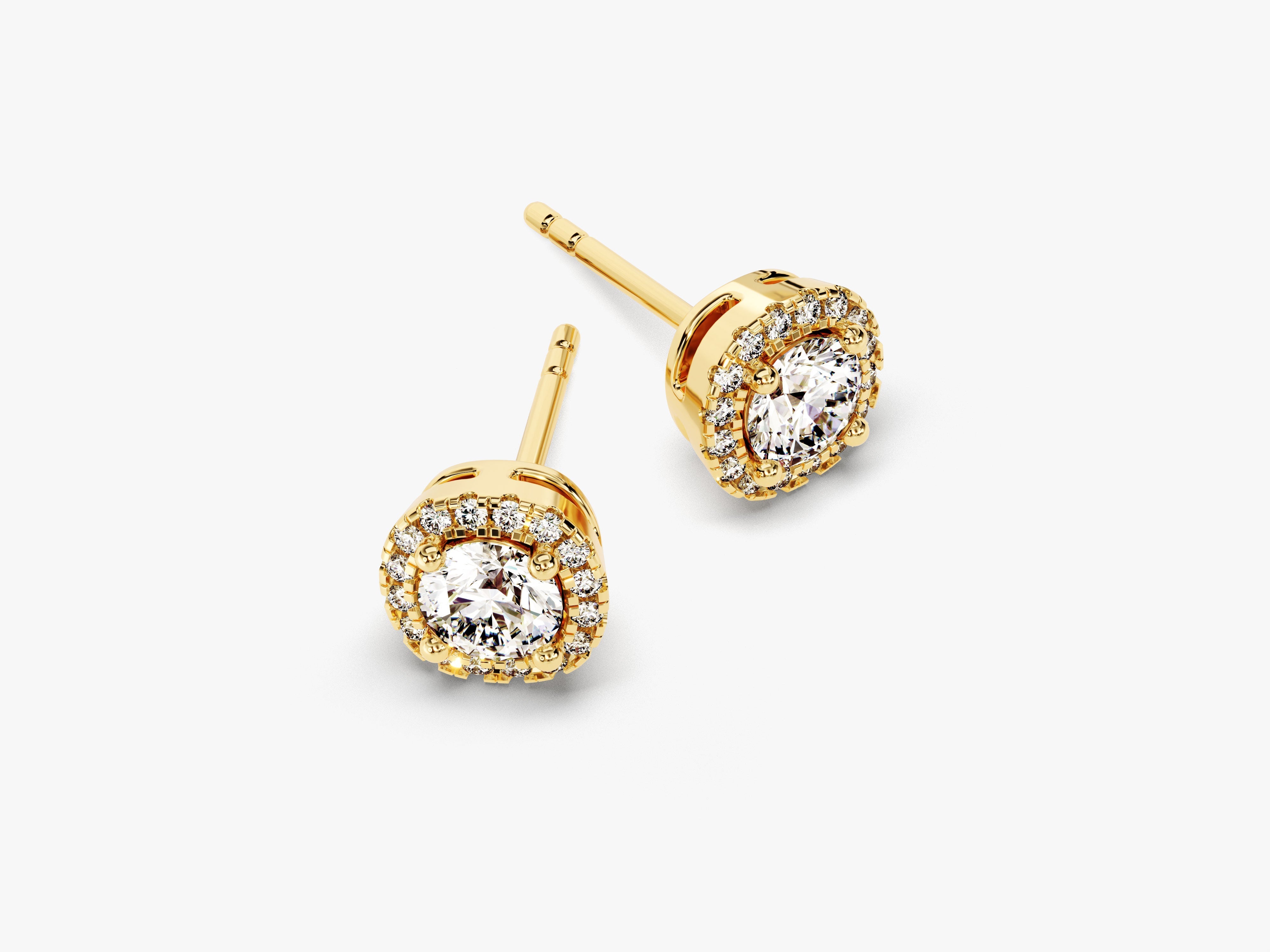 Gold diamond halo stud earrings for jewelry company