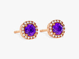 Round Halo Amethyst Stud Earrings in 14k Solid Gold