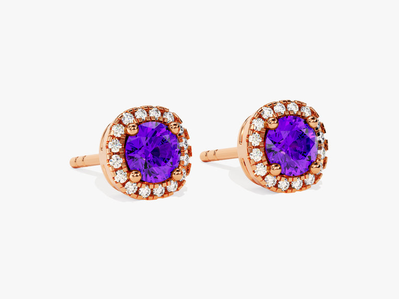 Round Halo Amethyst Stud Earrings in 14k Solid Gold
