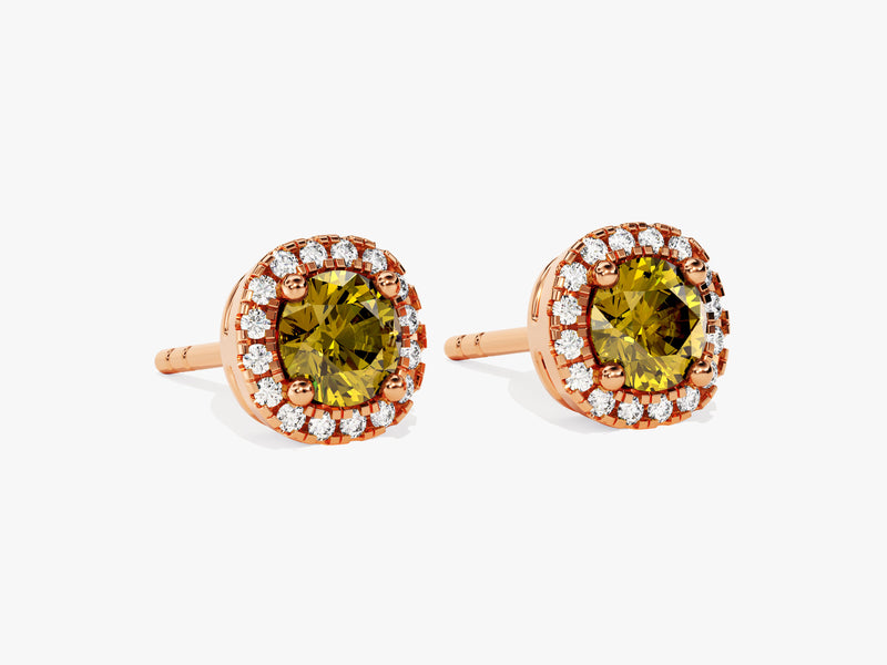 Round Halo Peridot Stud Earrings in 14k Solid Gold