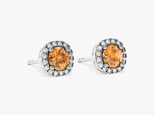 Round Halo Citrine Stud Earrings in 14k Solid Gold
