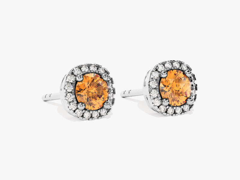 Round Halo Citrine Stud Earrings in 14k Solid Gold