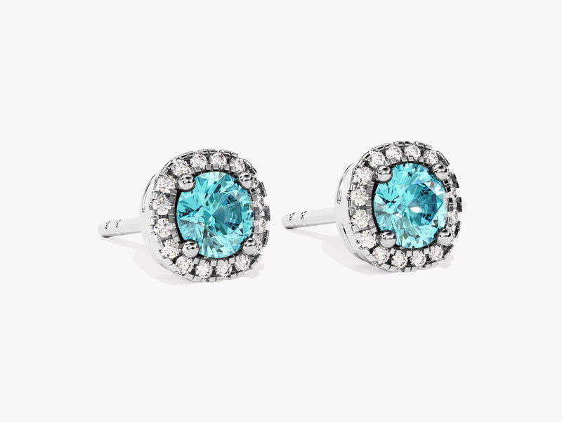 Round Halo Aquamarine Stud Earrings in 14k Solid Gold