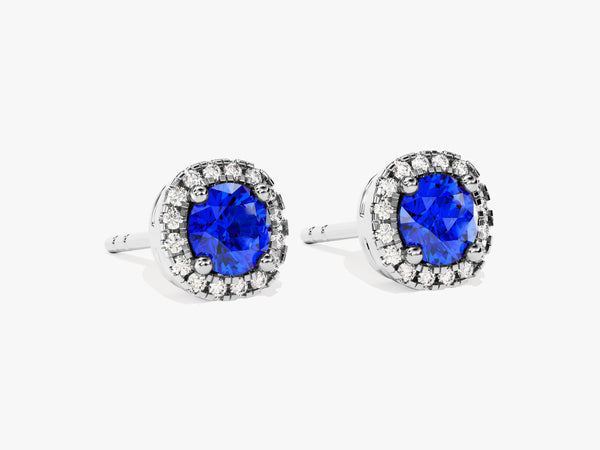 Round Halo Sapphire Stud Earrings in 14k Solid Gold