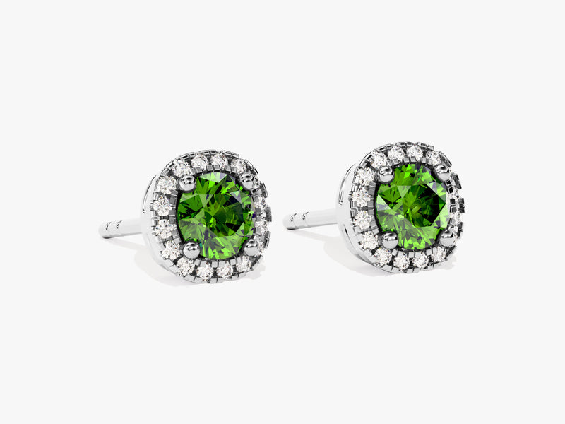 Round Halo Emerald Stud Earrings in 14k Solid Gold