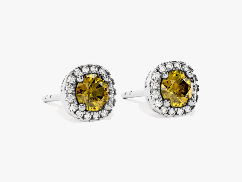 Round Halo Birthstone Stud Earrings