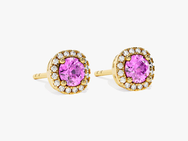 Round Halo Pink Tourmaline Stud Earrings in 14k Solid Gold