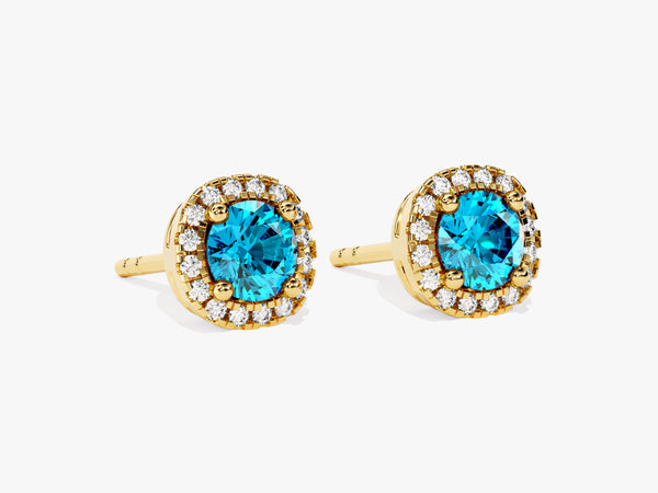 Round Halo Blue Topaz Stud Earrings in 14k Solid Gold