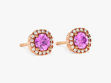 Round Halo Pink Tourmaline Stud Earrings in 14k Solid Gold