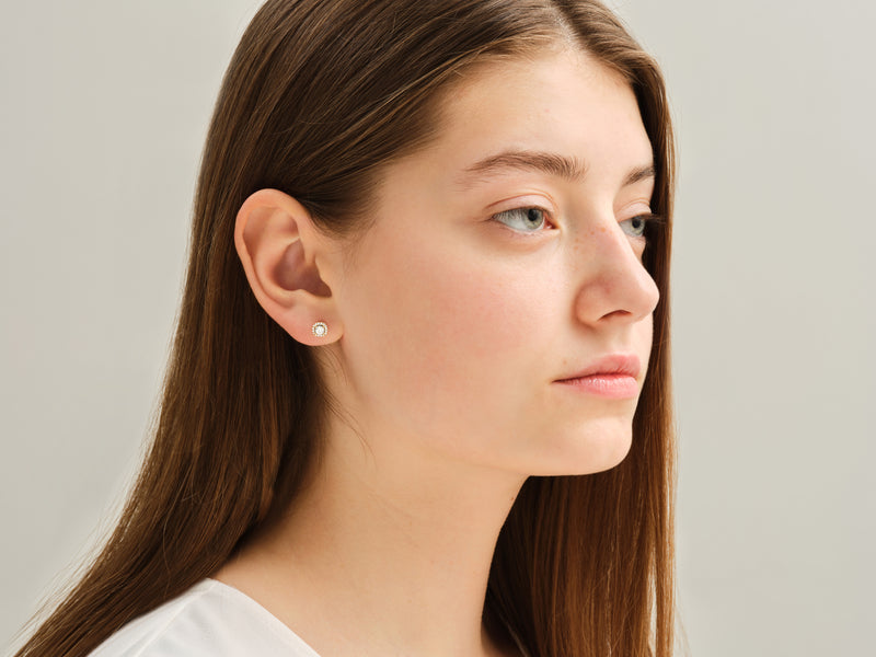 Round Halo Diamond Birthstone Stud Earrings in 14k Solid Gold