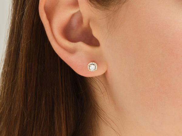 Round Halo Emerald Stud Earrings in 14k Solid Gold