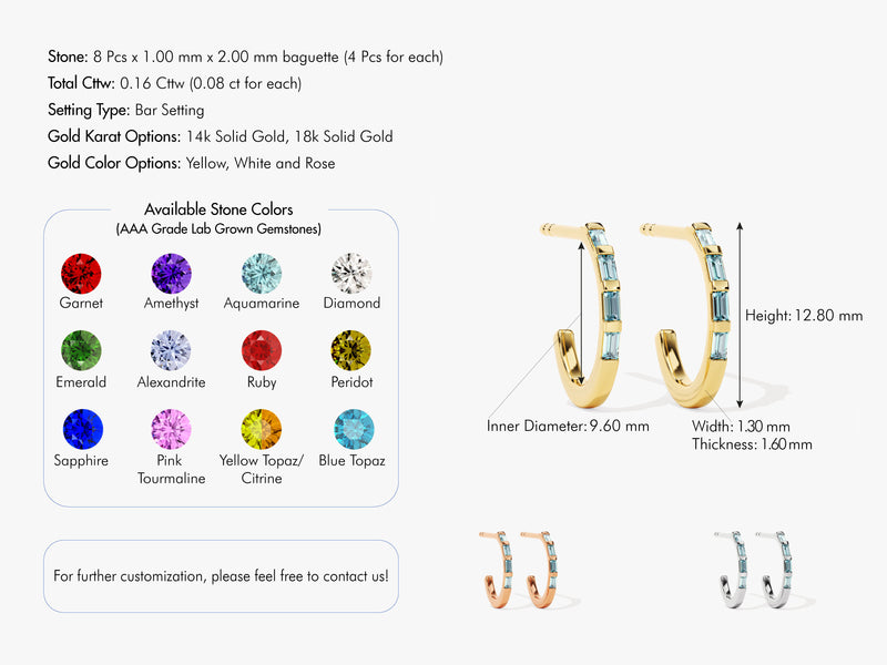 Baguette Alexandrite Hoop Earrings in 14k Solid Gold