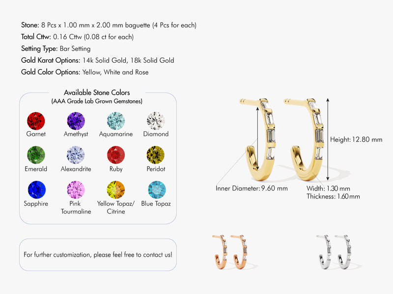 Baguette Diamond Birthstone Hoop Earrings in 14k Solid Gold