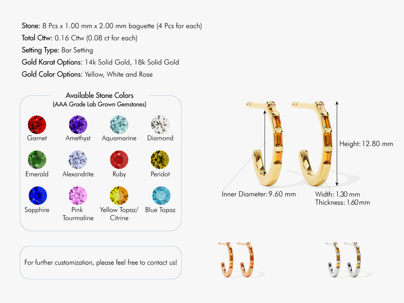 Baguette Citrine Hoop Earrings in 14k Solid Gold