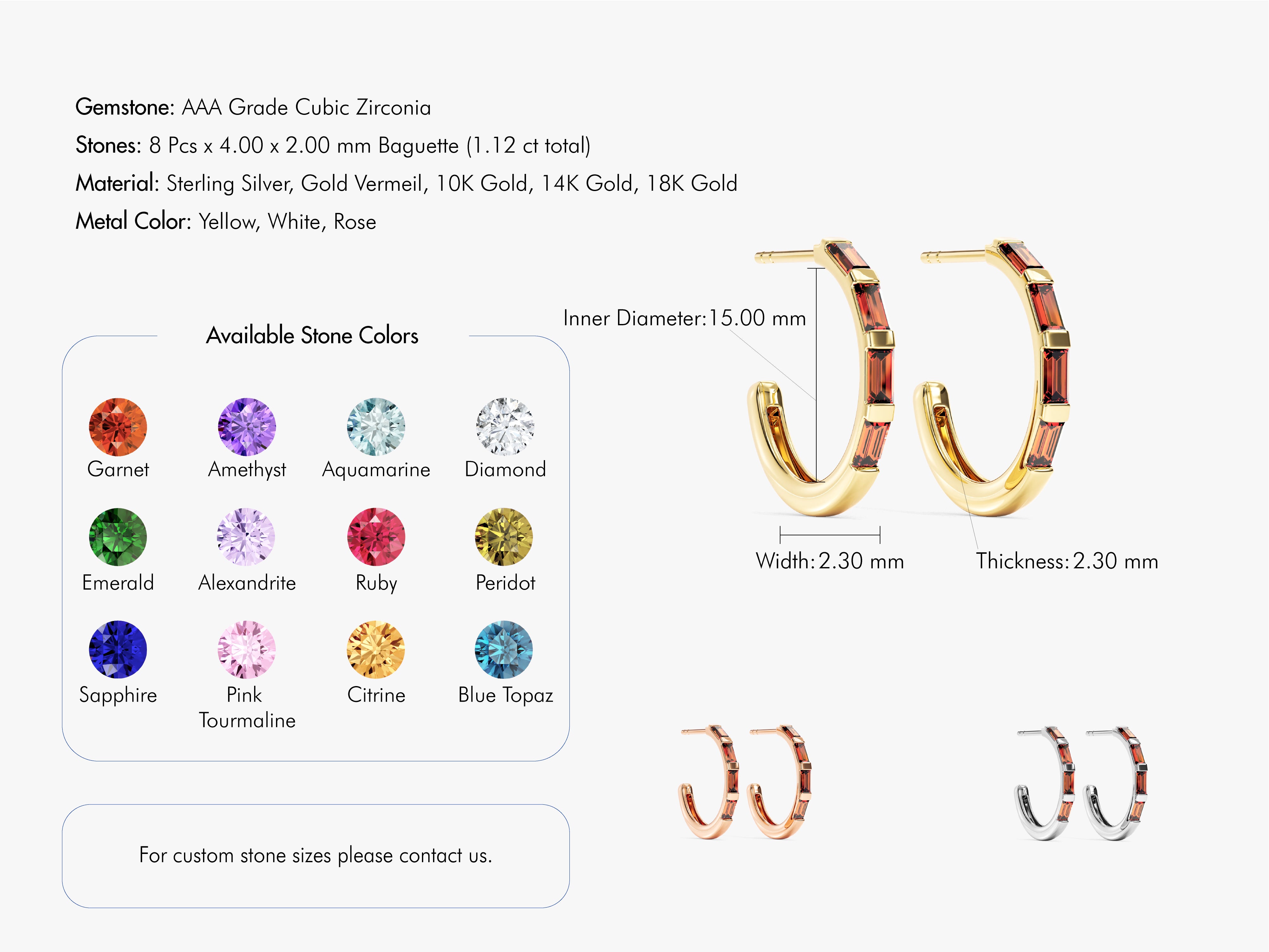 Gold baguette hoop earrings with customizable gemstone colors