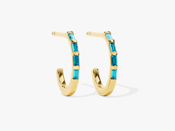 Baguette Blue Topaz Hoop Earrings in 14k Solid Gold