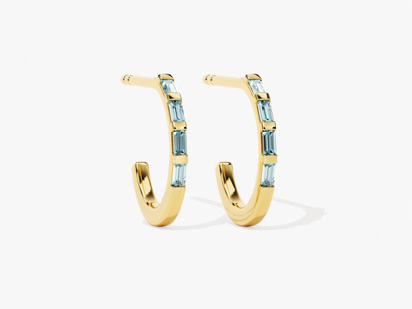 Baguette Aquamarine Hoop Earrings in 14k Solid Gold