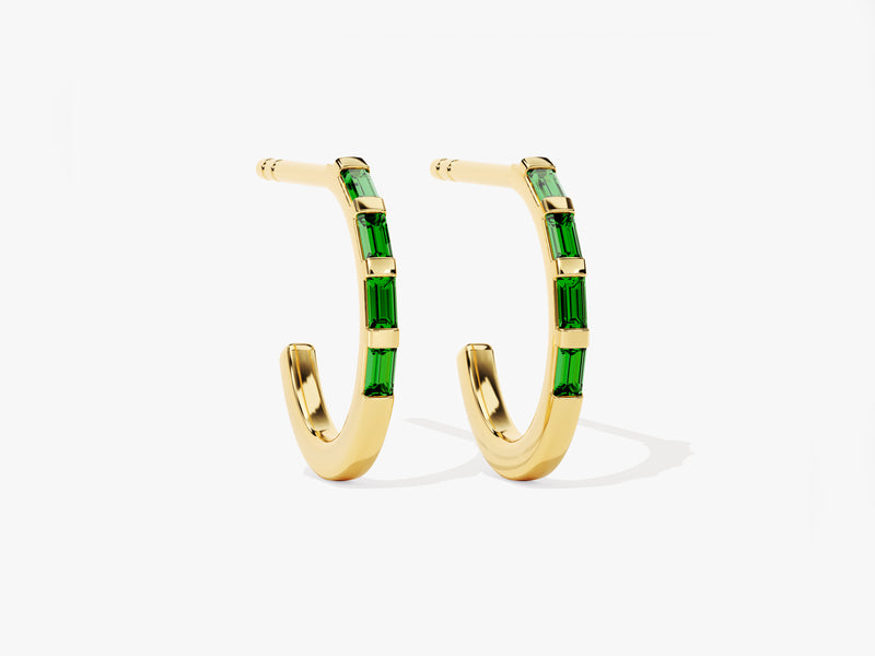 Baguette Emerald Hoop Earrings in 14k Solid Gold