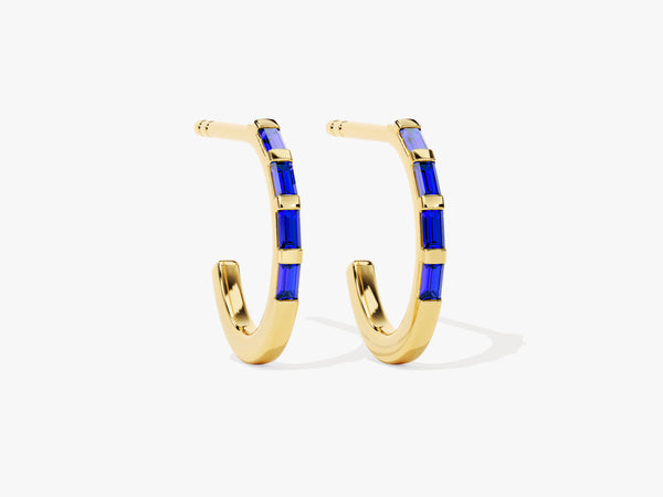 Baguette Sapphire Hoop Earrings in 14k Solid Gold