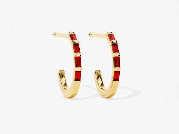 Baguette Garnet Hoop Earrings in 14k Solid Gold