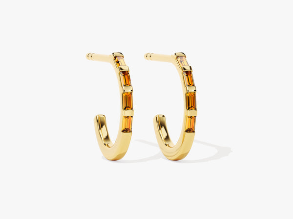 Baguette Citrine Hoop Earrings in 14k Solid Gold