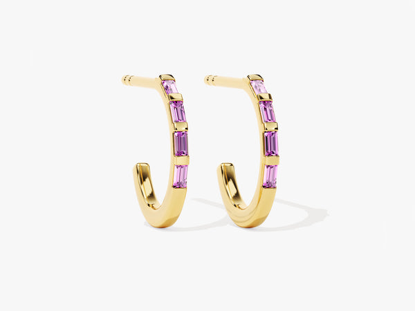 Baguette Pink Tourmaline Hoop Earrings in 14k Solid Gold