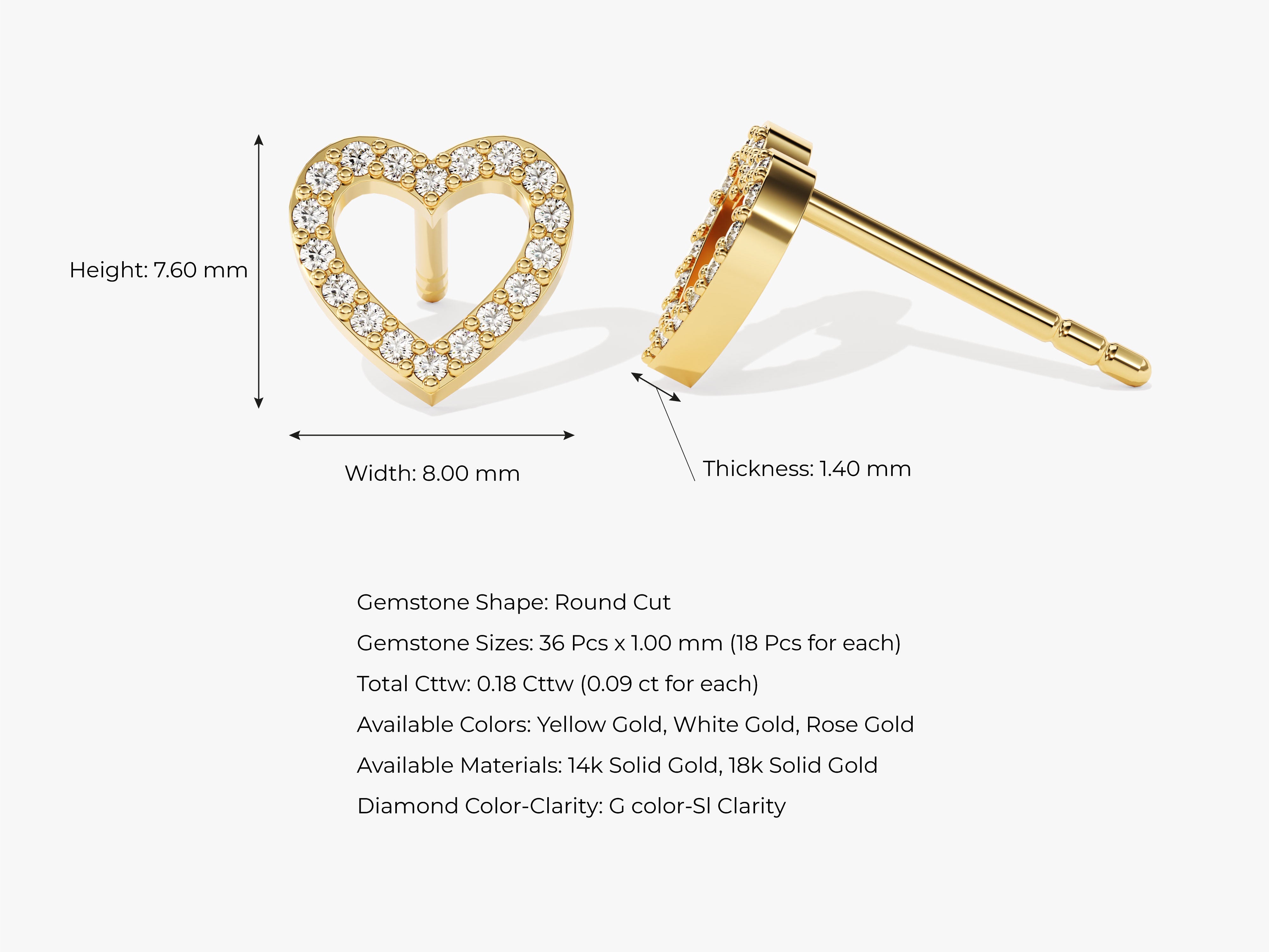 Diamond heart stud earrings in 14k gold