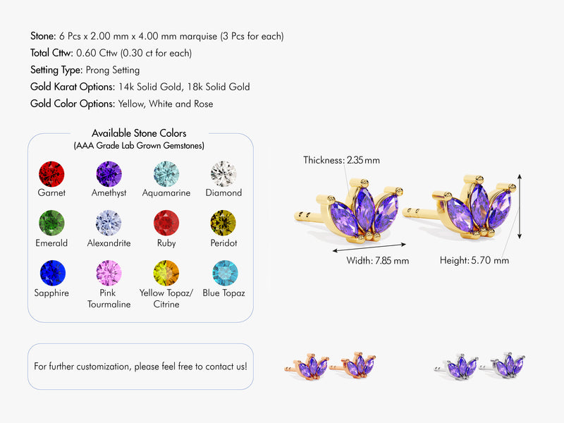 Sapphire Marquise Crown Stud Earrings in 14k Solid Gold