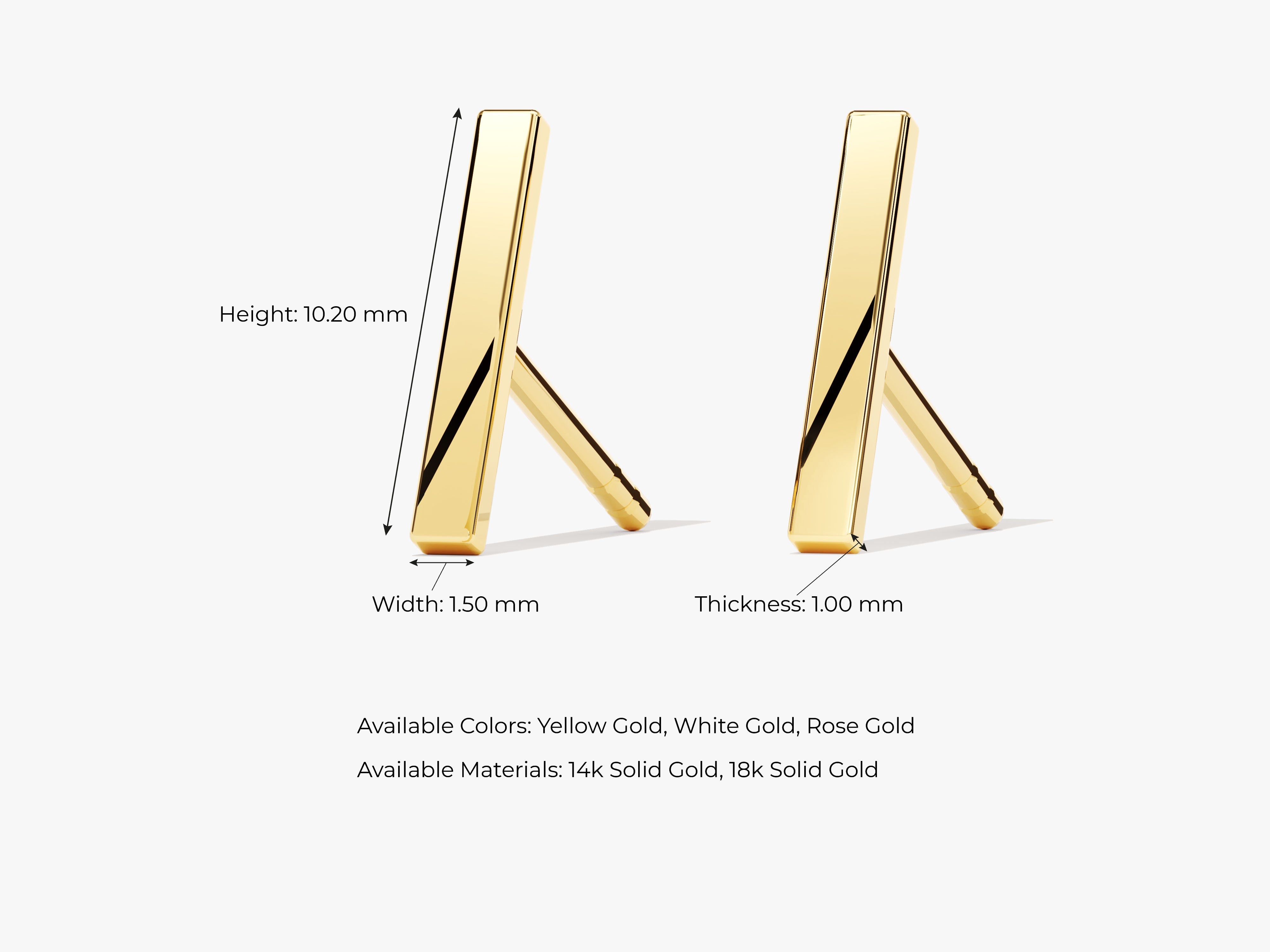 Gold bar stud earrings, available in multiple gold types and colors