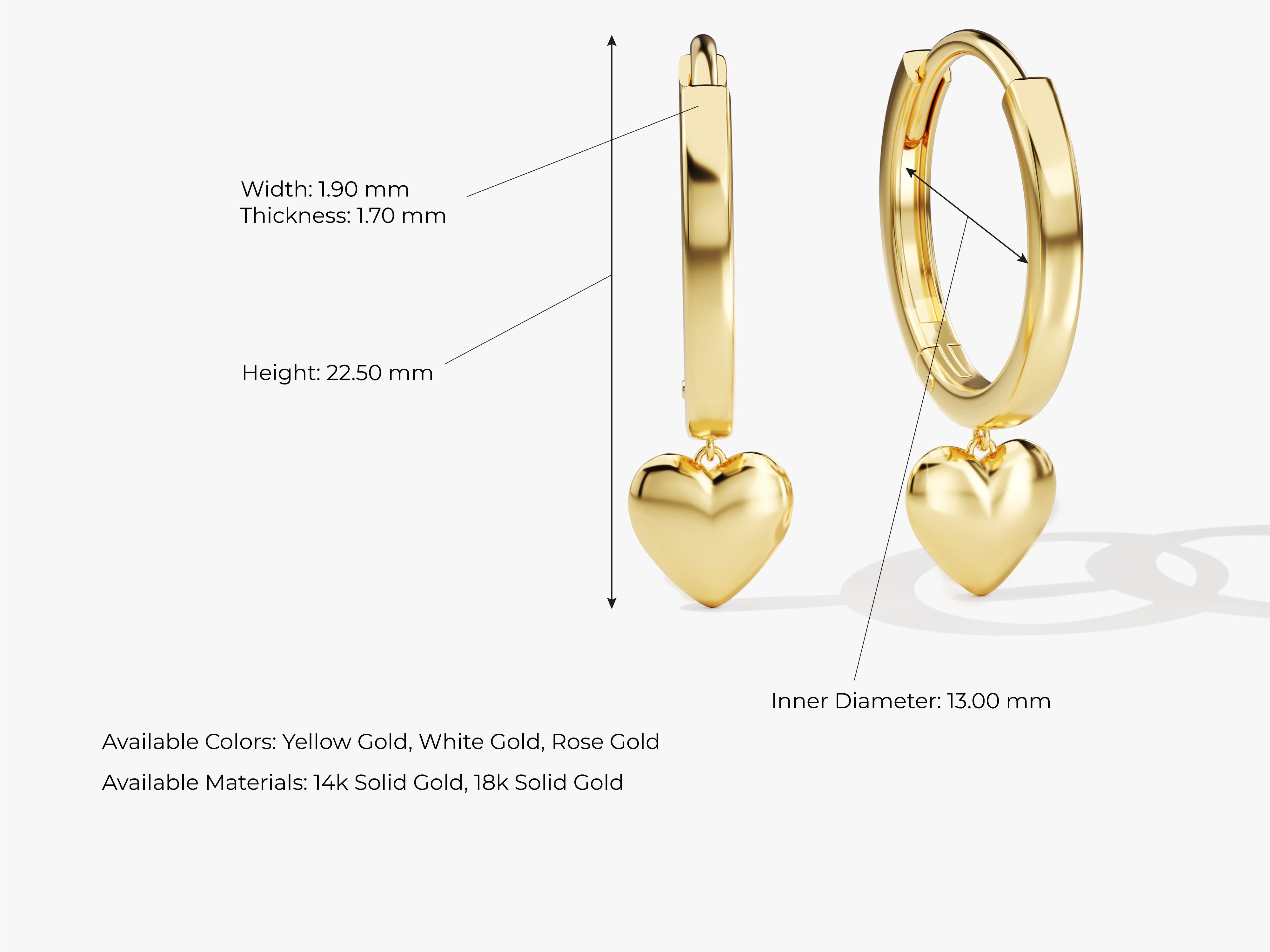 Gold heart charm hoop earrings, available in yellow, white, rose gold