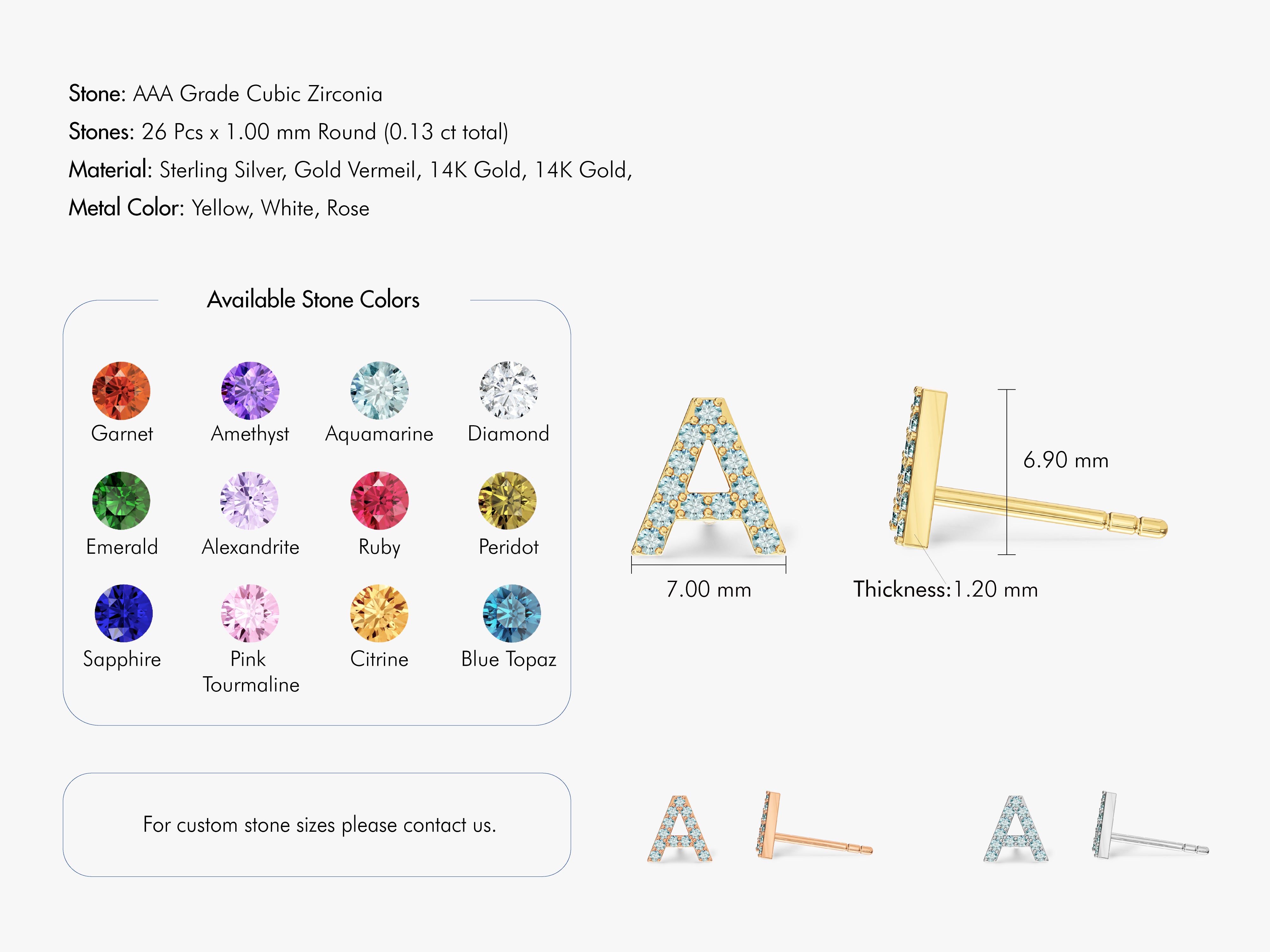 Diamond initial stud earrings, sterling silver, gold vermeil, 14K gold