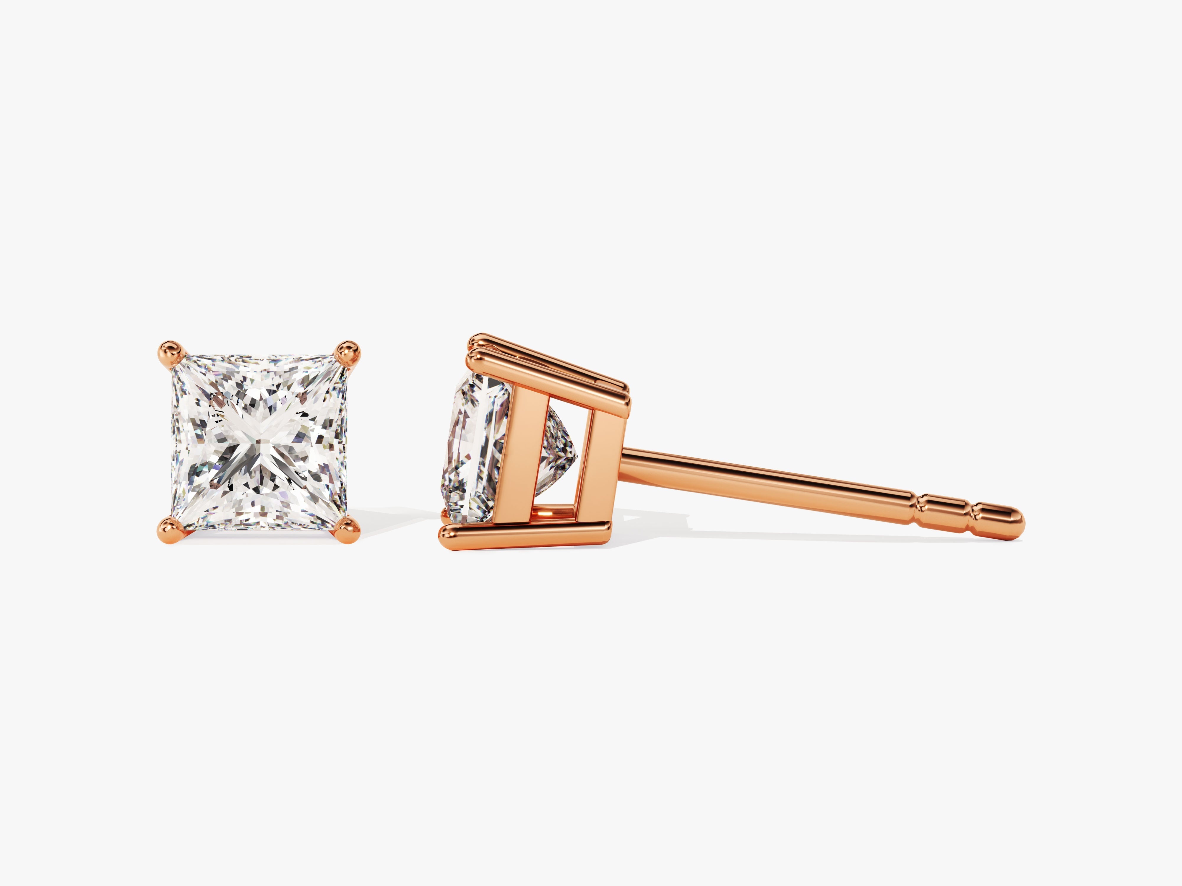 Rose gold princess cut diamond stud earrings for jewelry