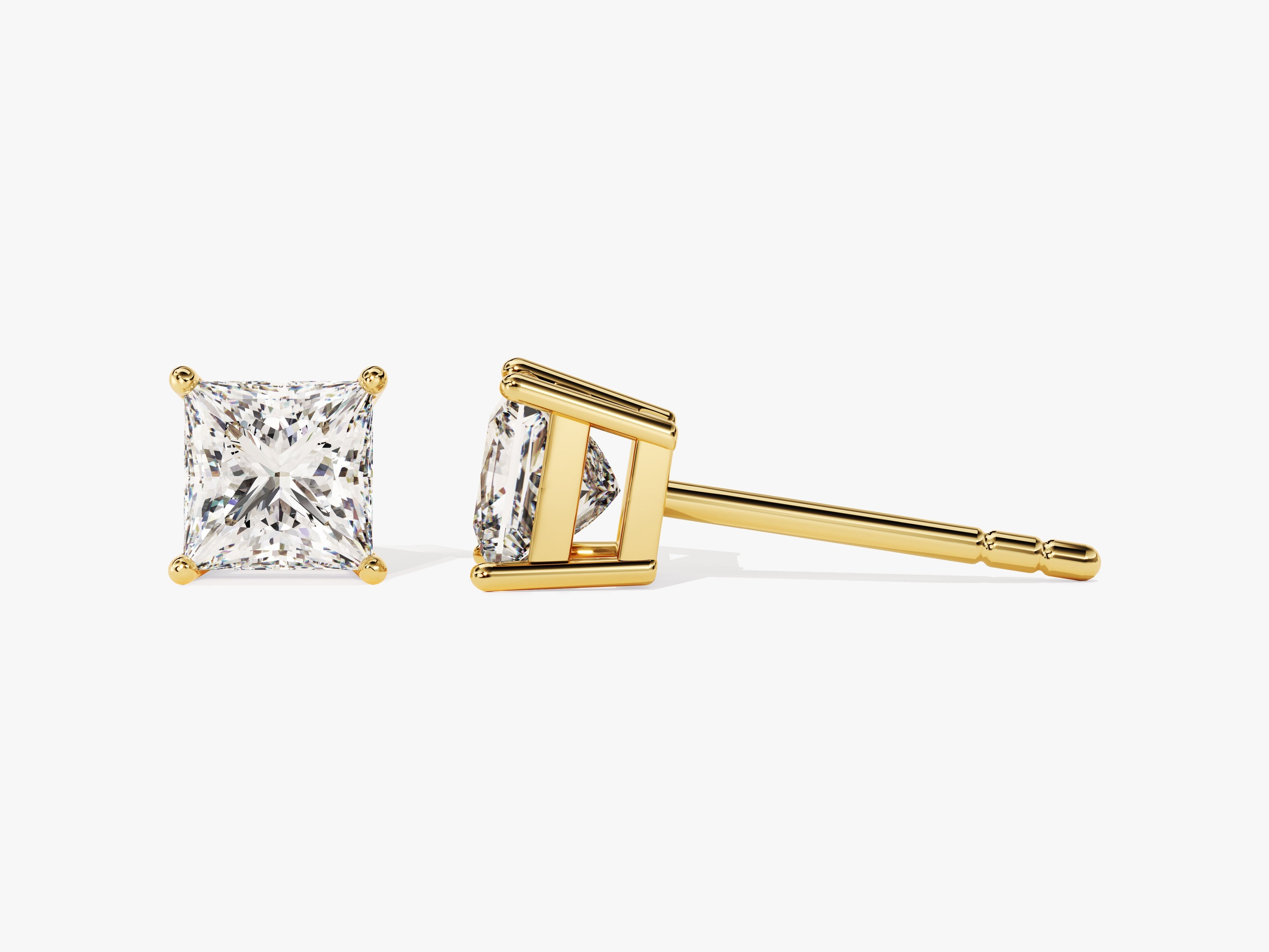 Gold princess cut diamond stud earrings for jewelry
