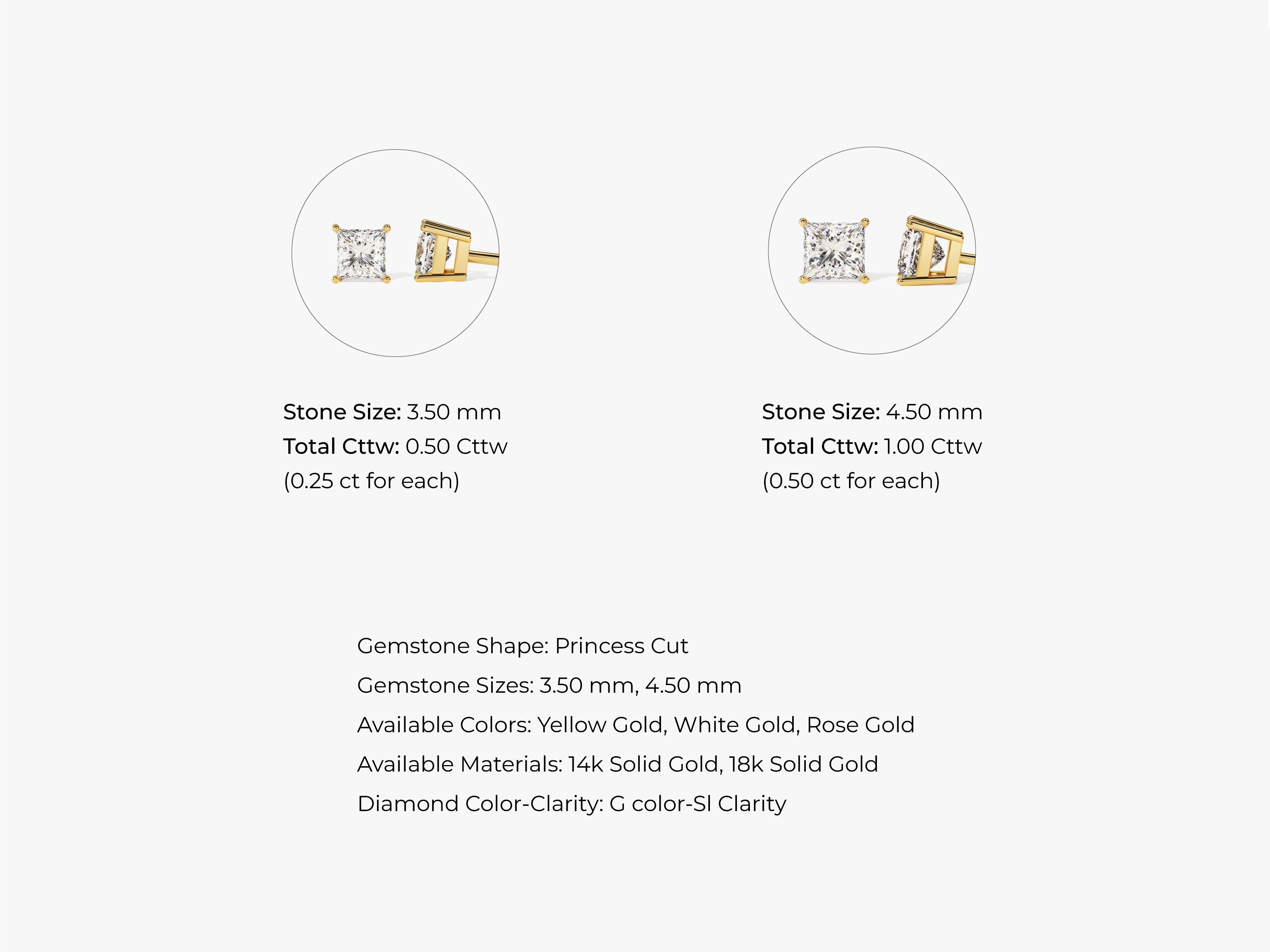 Princess cut diamond stud earrings in yellow gold