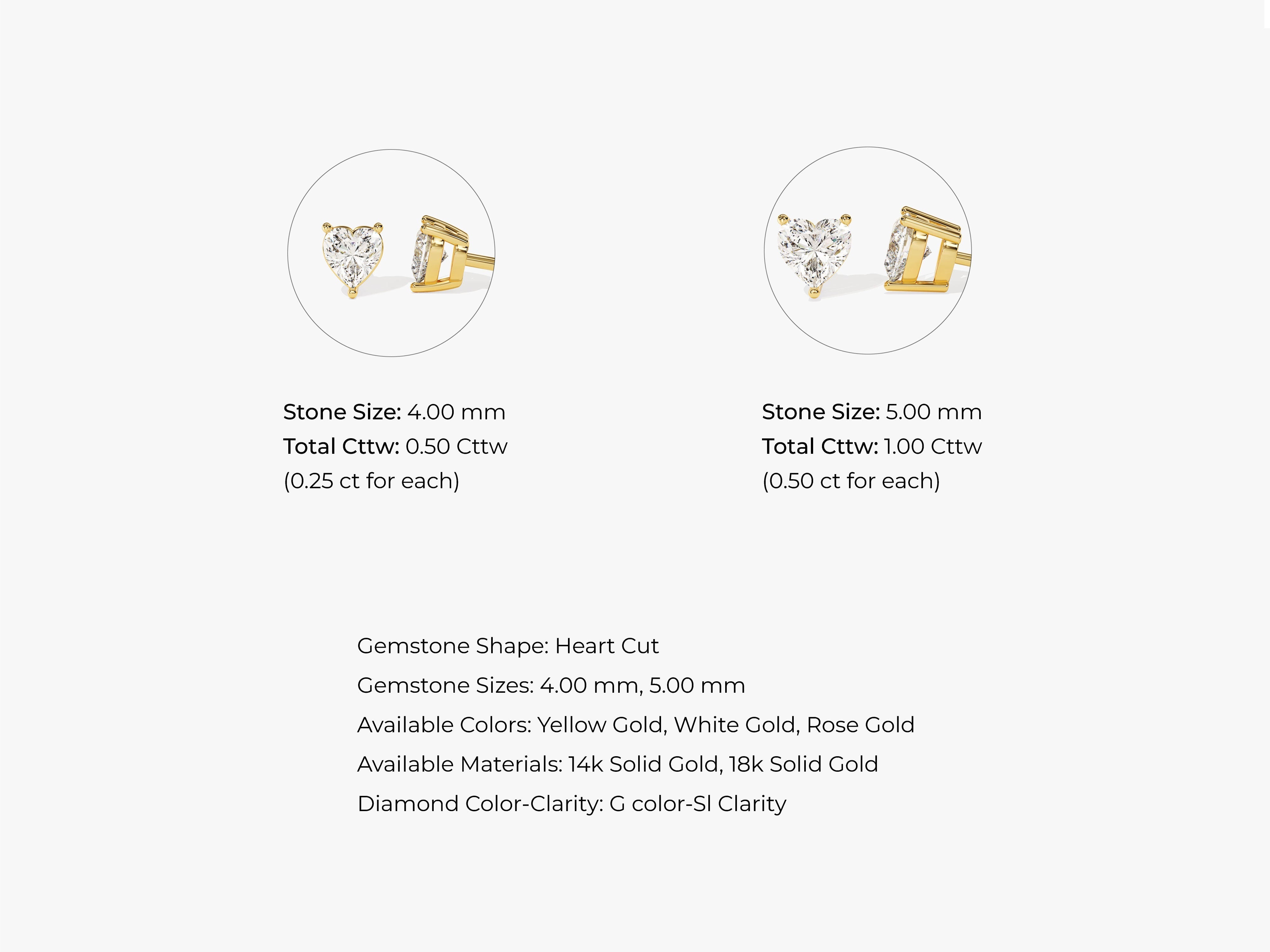 Gold heart cut diamond stud earrings, 0.50ctw each
