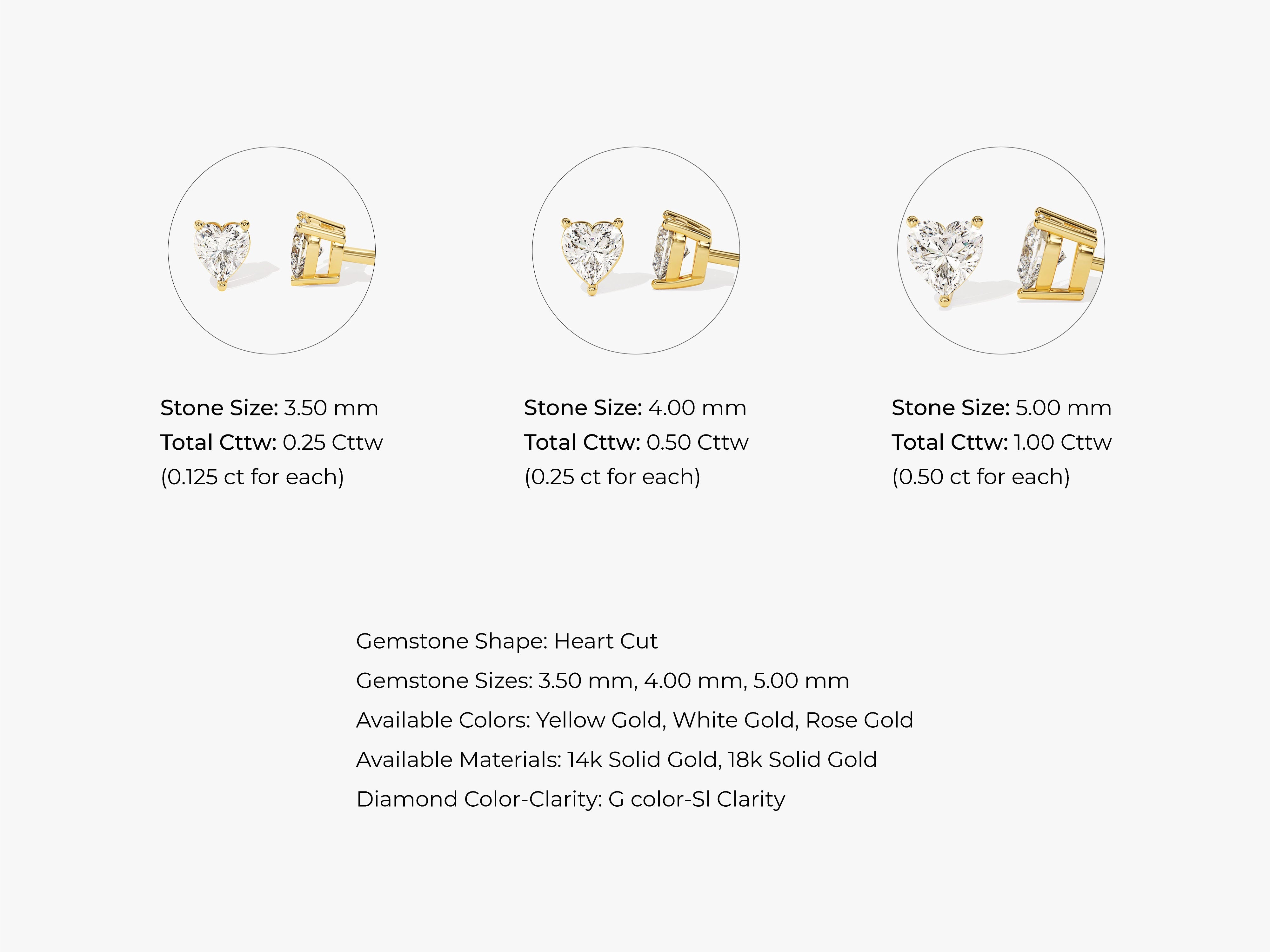 Gold heart diamond stud earrings in three sizes