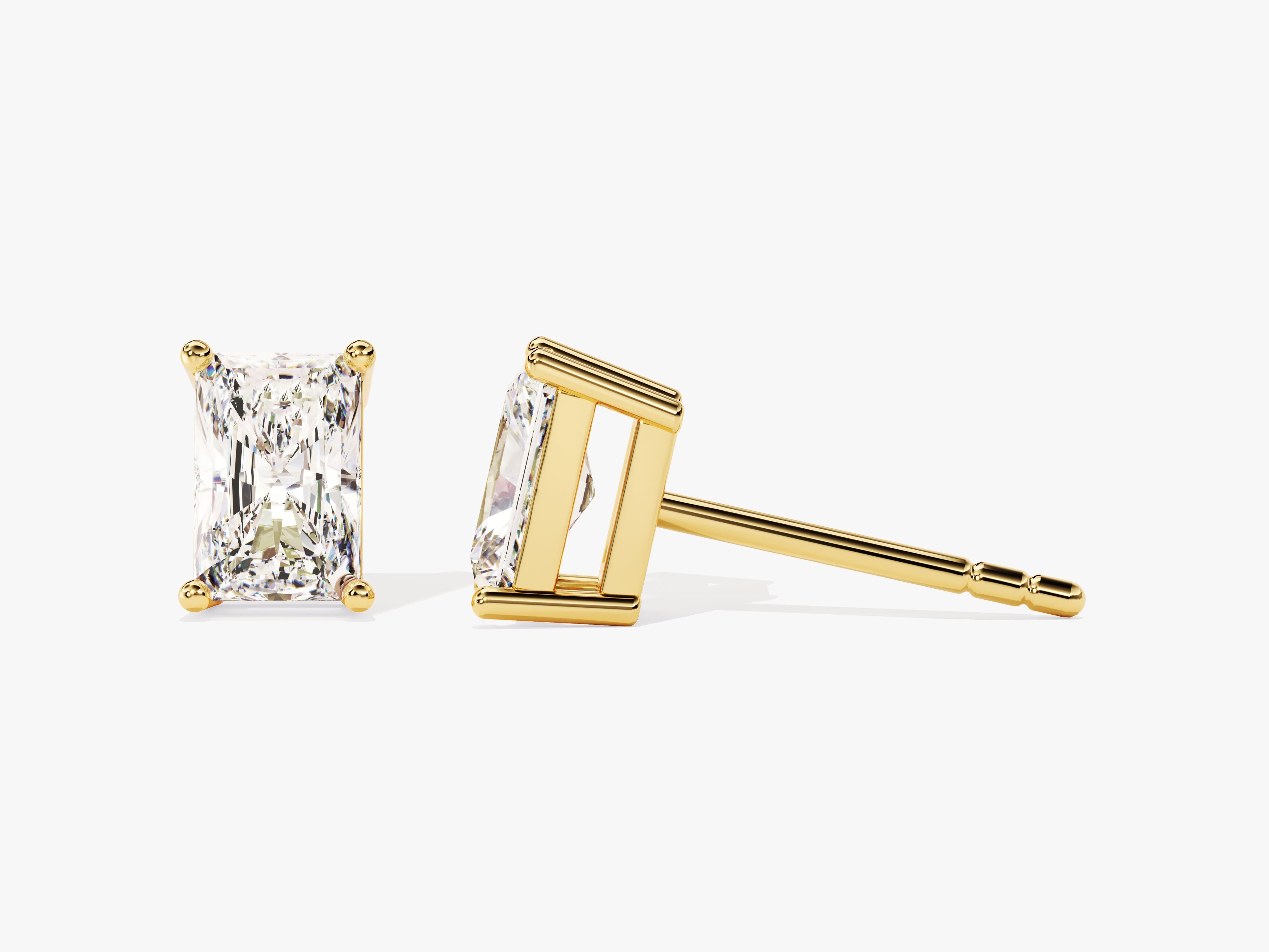 Radiant cut diamond stud earrings in yellow gold setting