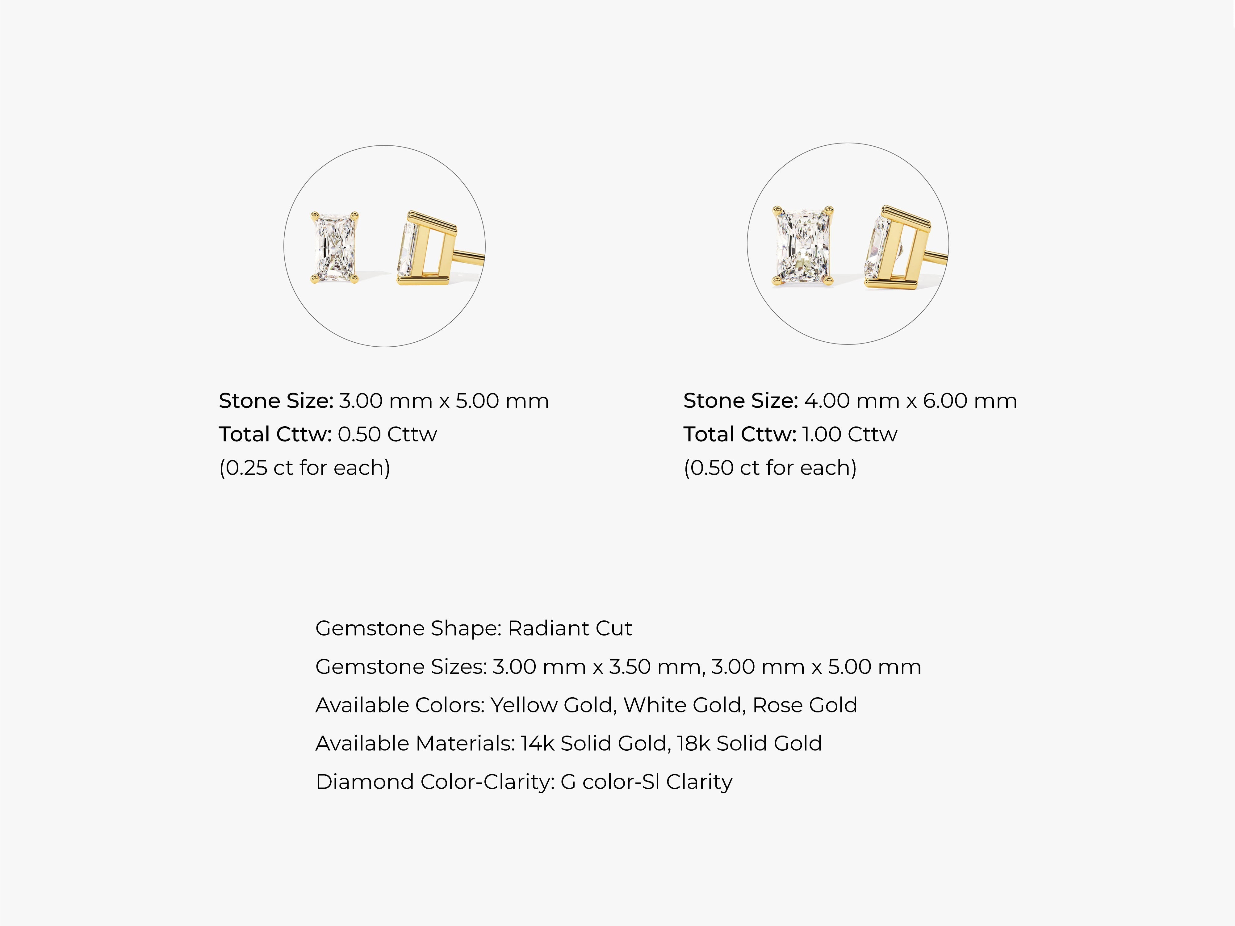Radiant cut diamond stud earrings in yellow gold