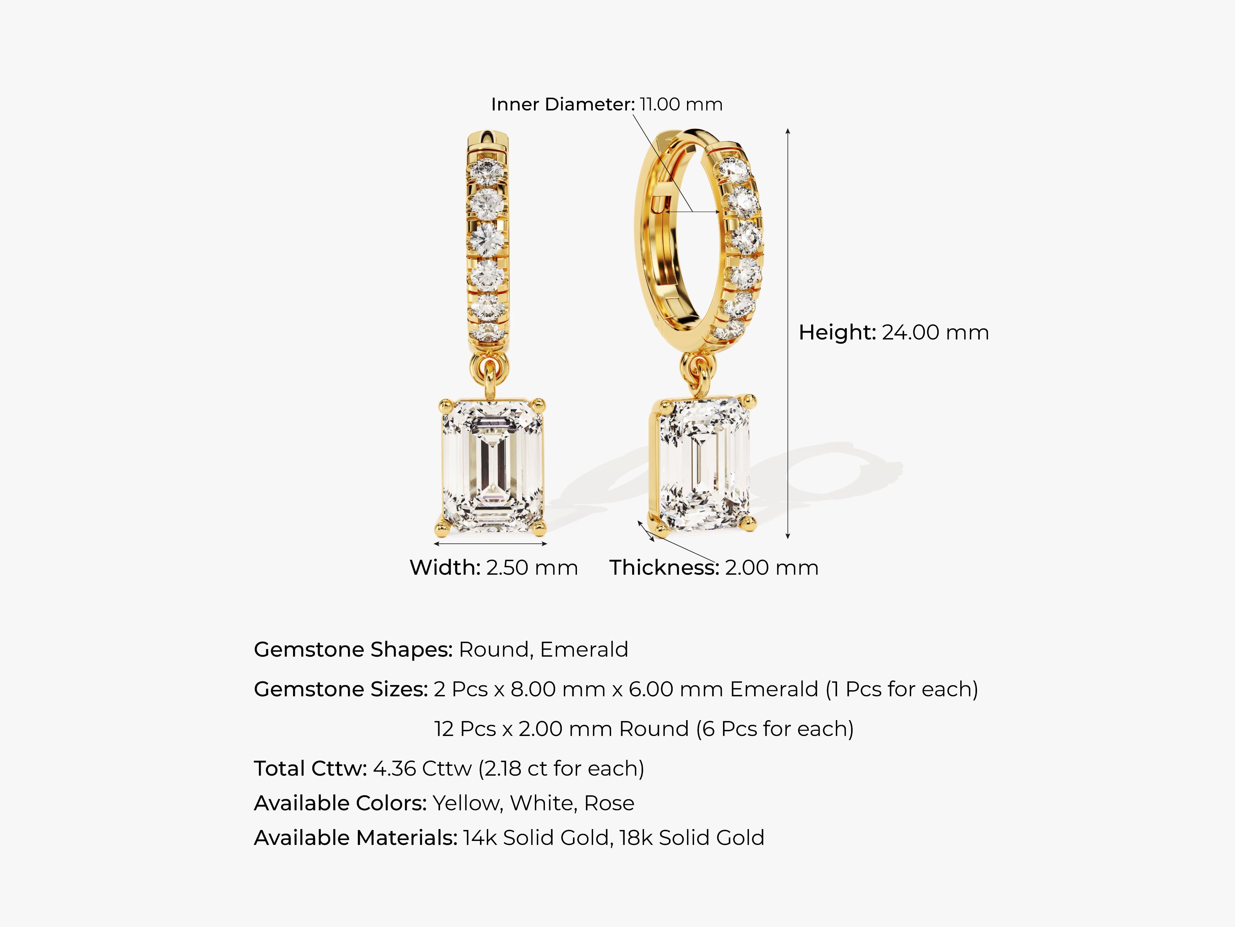 Gold diamond hoop earrings with emerald and round gemstones