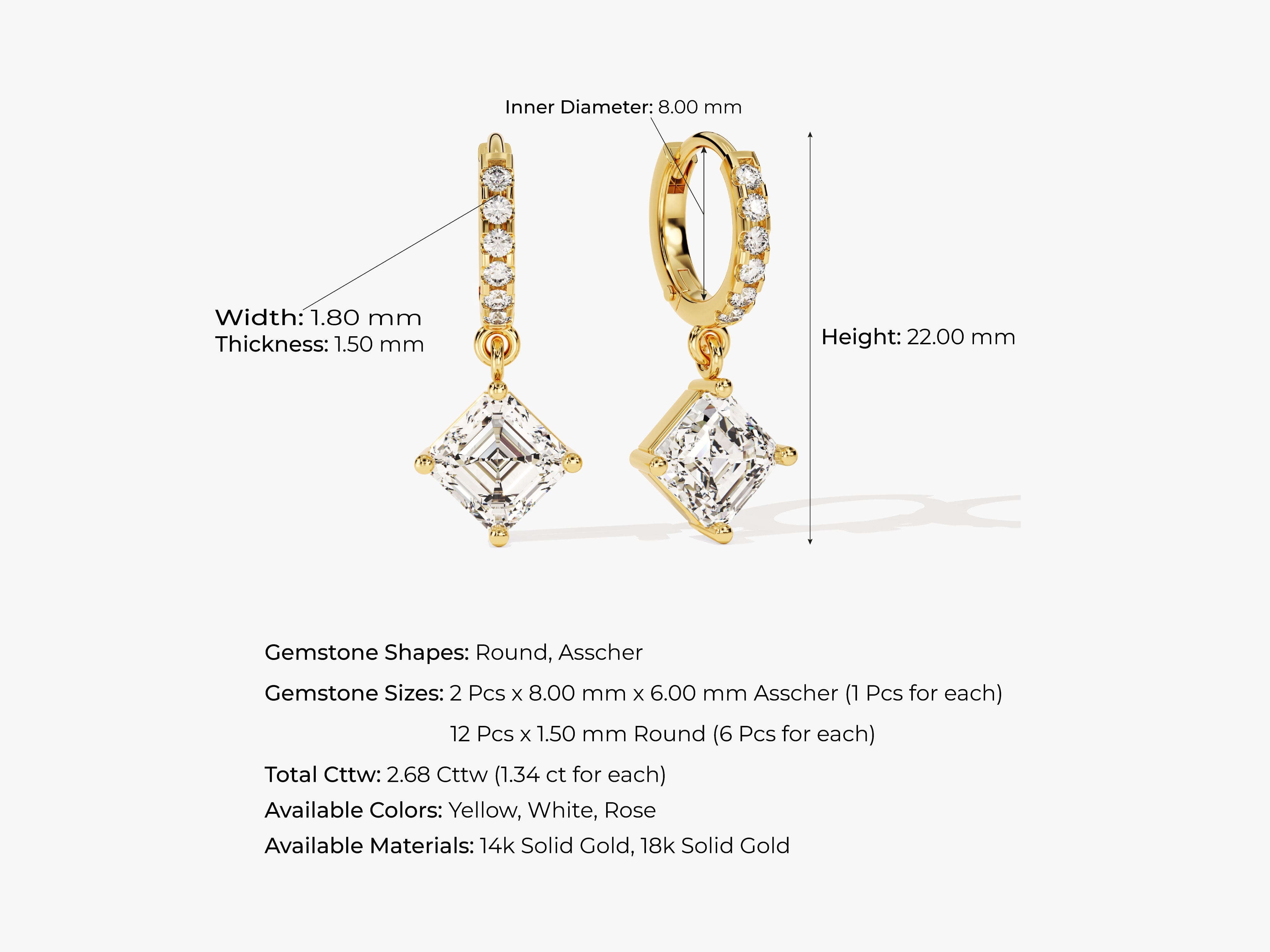 Gold diamond earrings with asscher and round cut gemstones