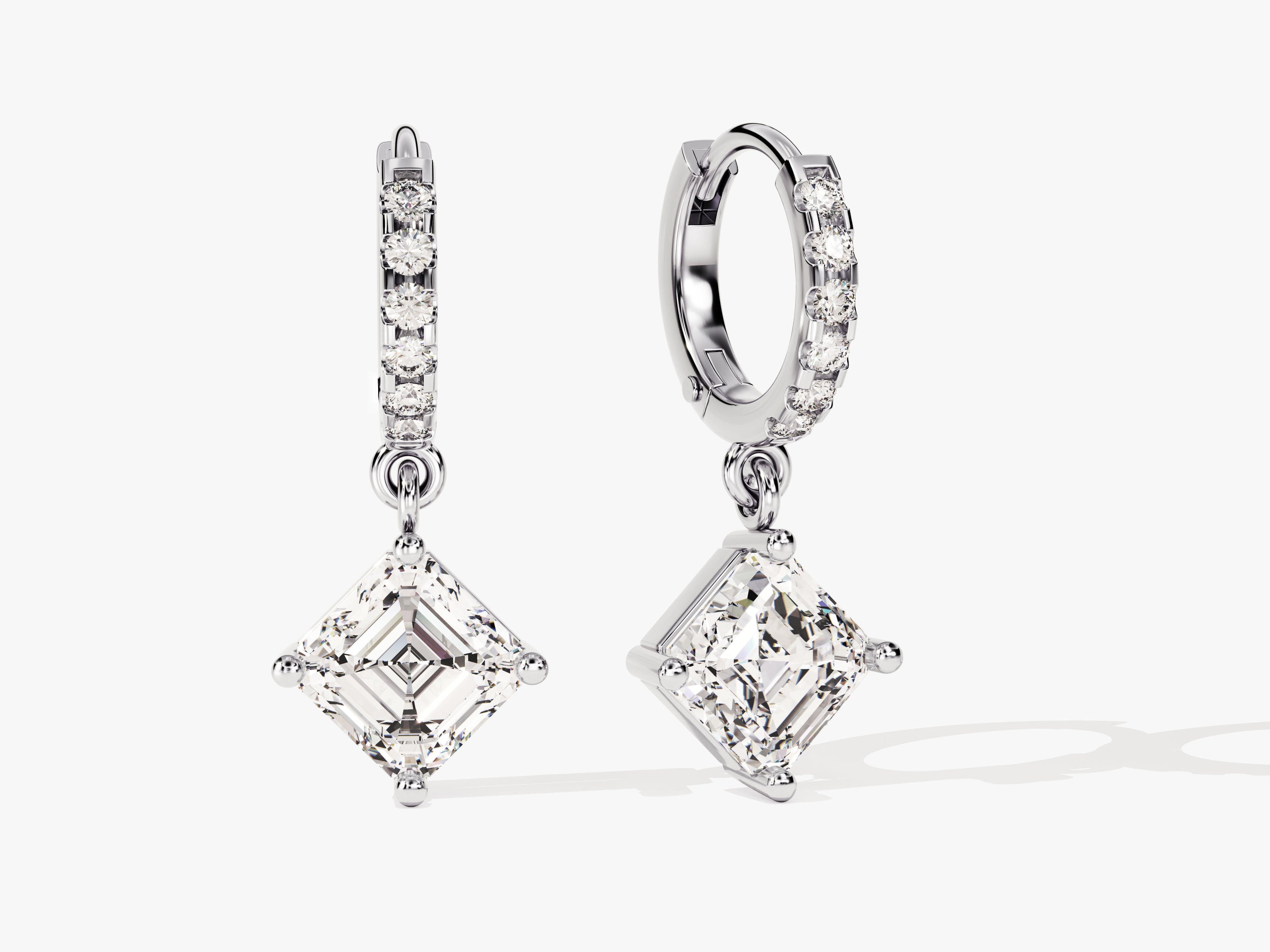 Diamond drop earrings with square-cut gems and white gold setting