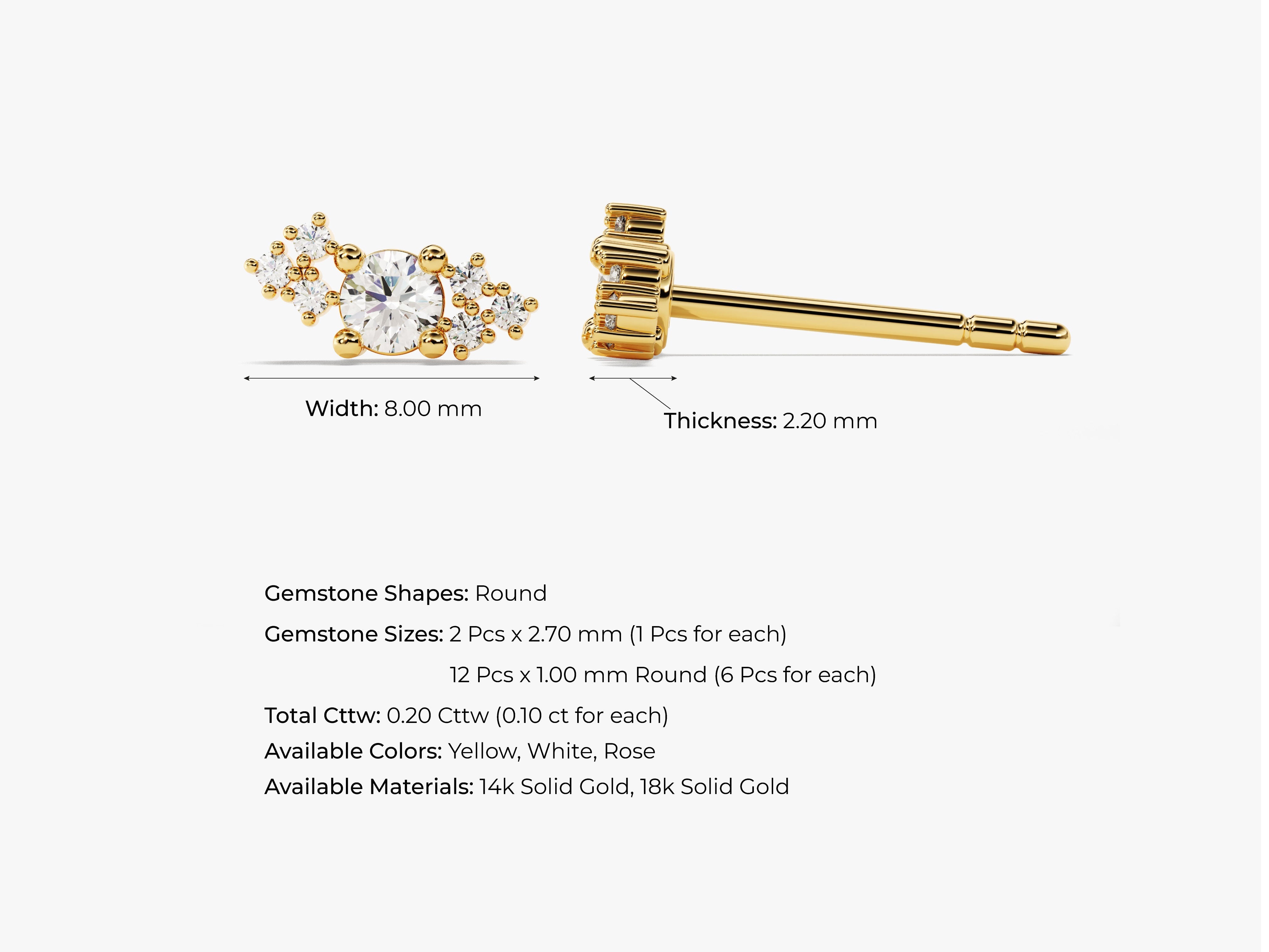 Gold diamond cluster stud earring, jewelry, fine jewelry