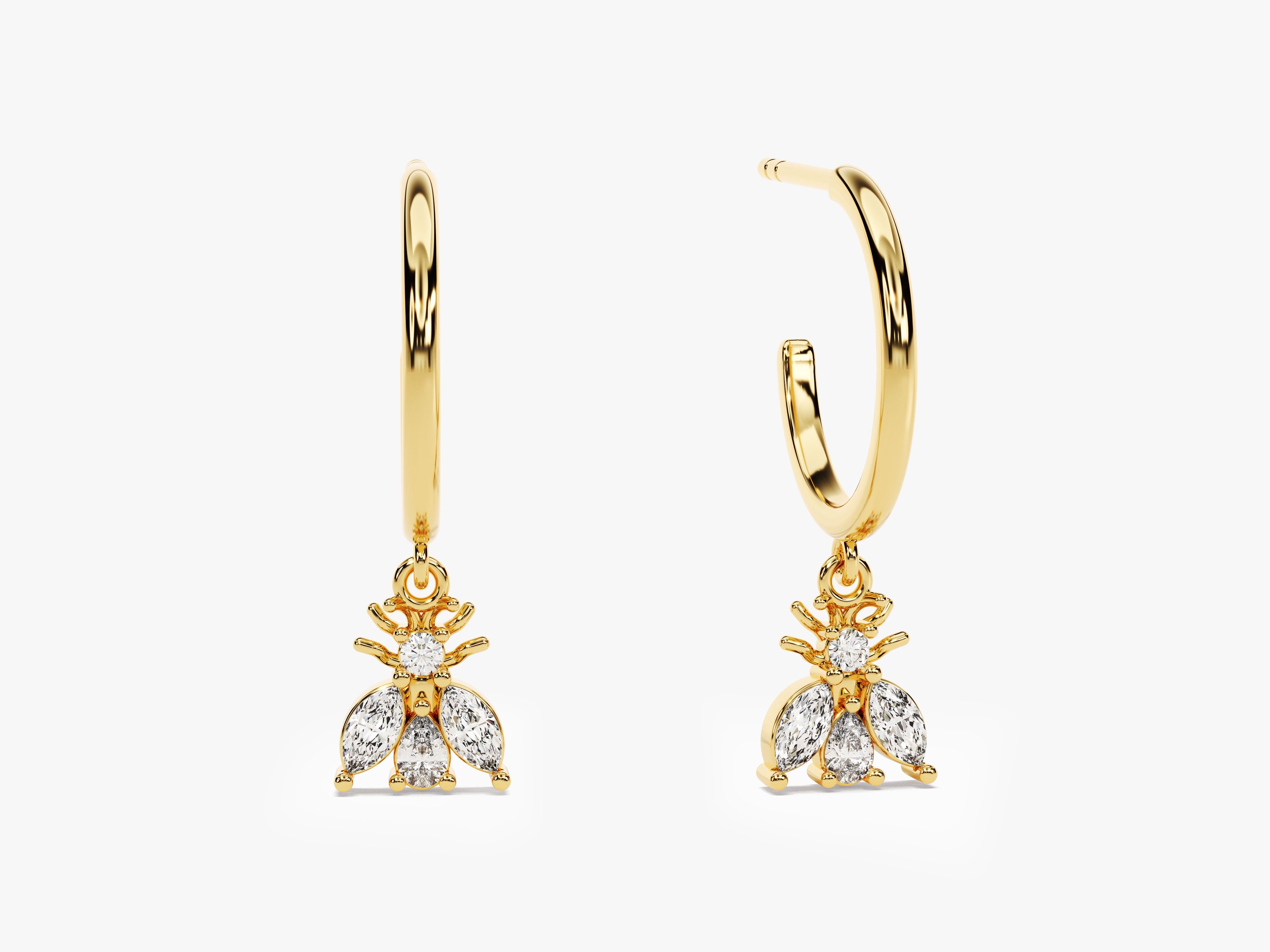 Gold hoop earrings with diamond bee charms