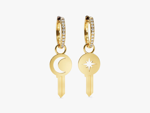 14k Solid Gold Moon and Star Key Earrings