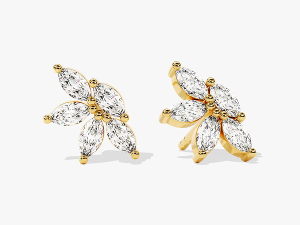 14k Solid Gold Marquise Diamond Flower Stud Earrings