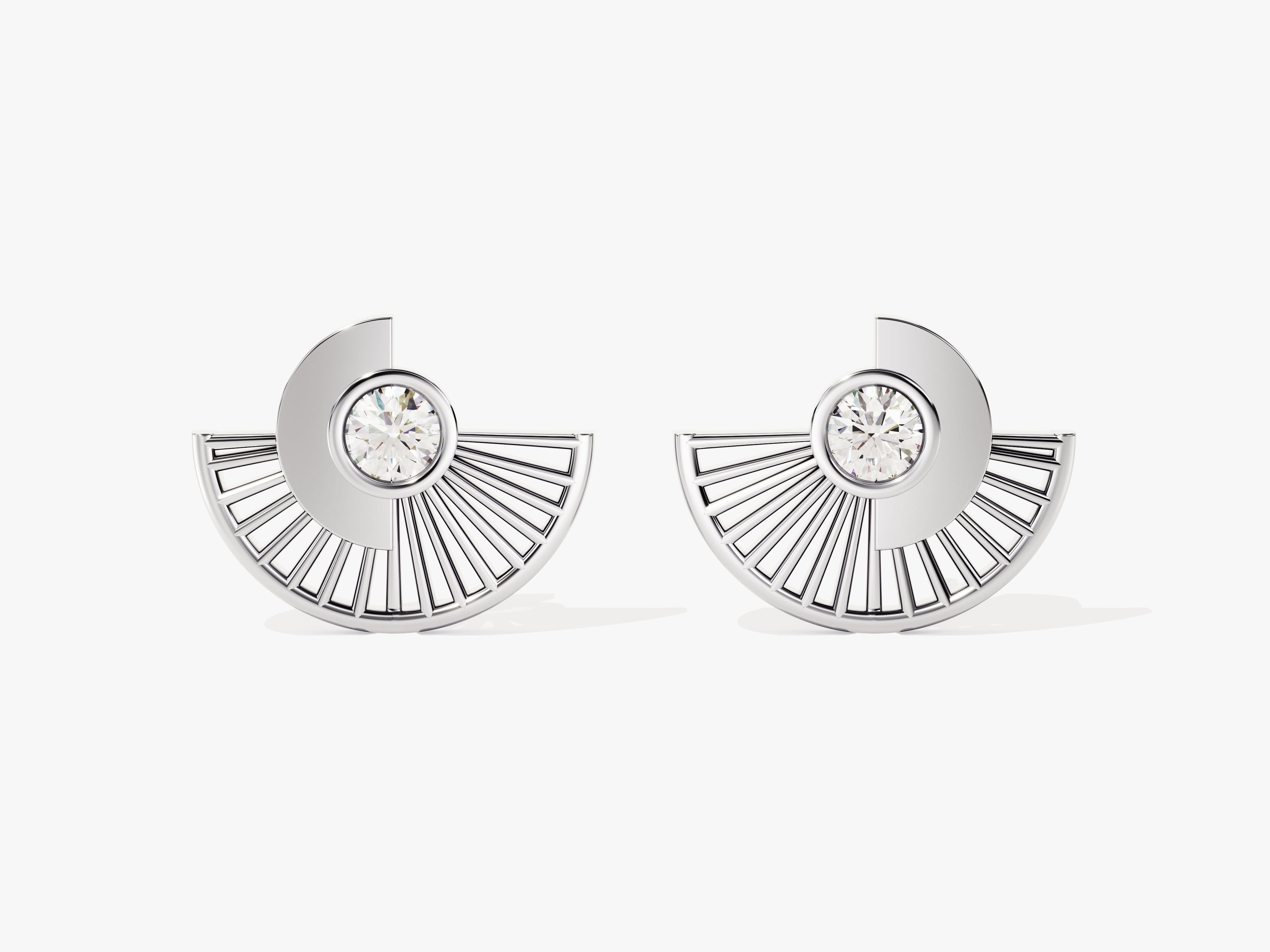 Diamond fan earrings, fine jewelry, art deco inspired, silver studs