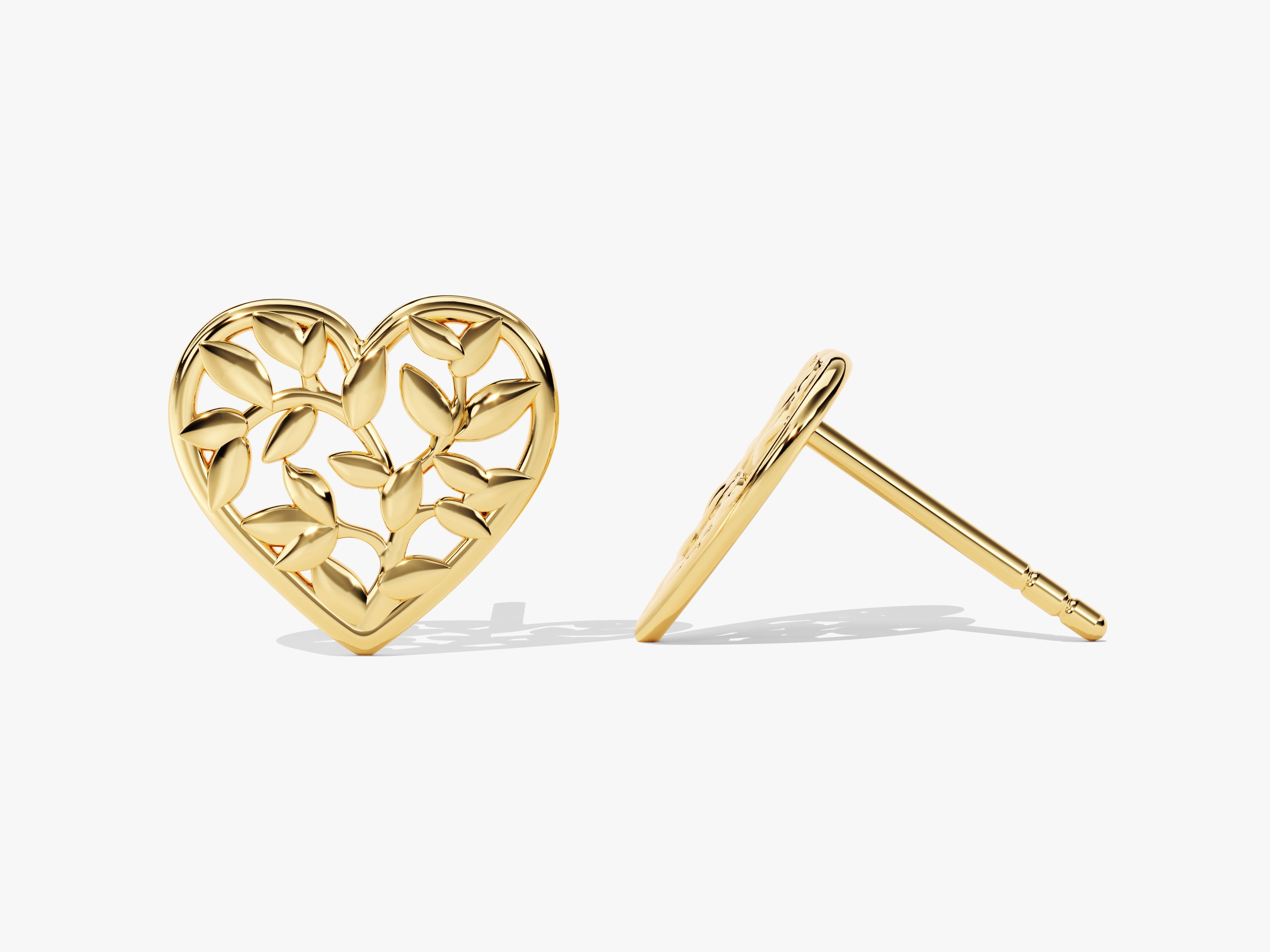 Gold heart leaf earrings, fine jewelry, elegant stud earrings