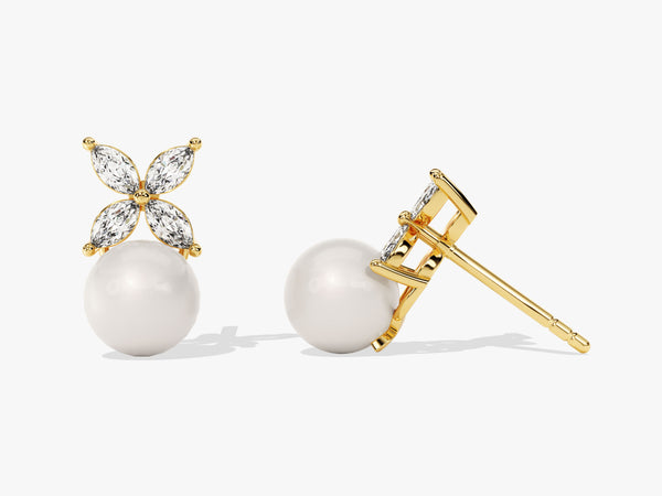 14k Gold Pearl with Diamond Flower Studs