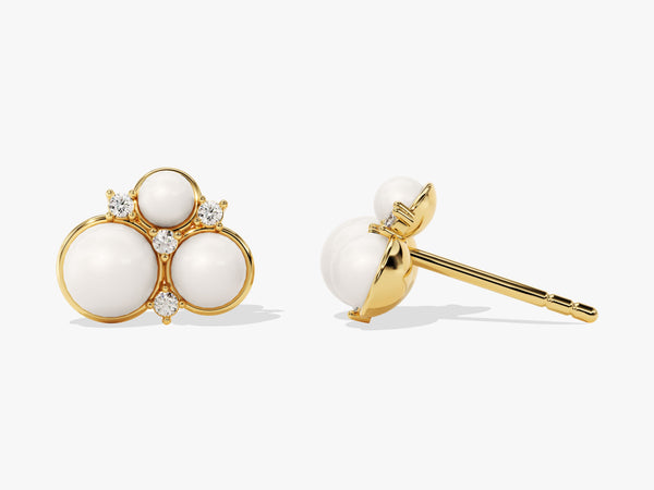 14k Solid Gold Triple Pearl and Diamonds Stud Earrings