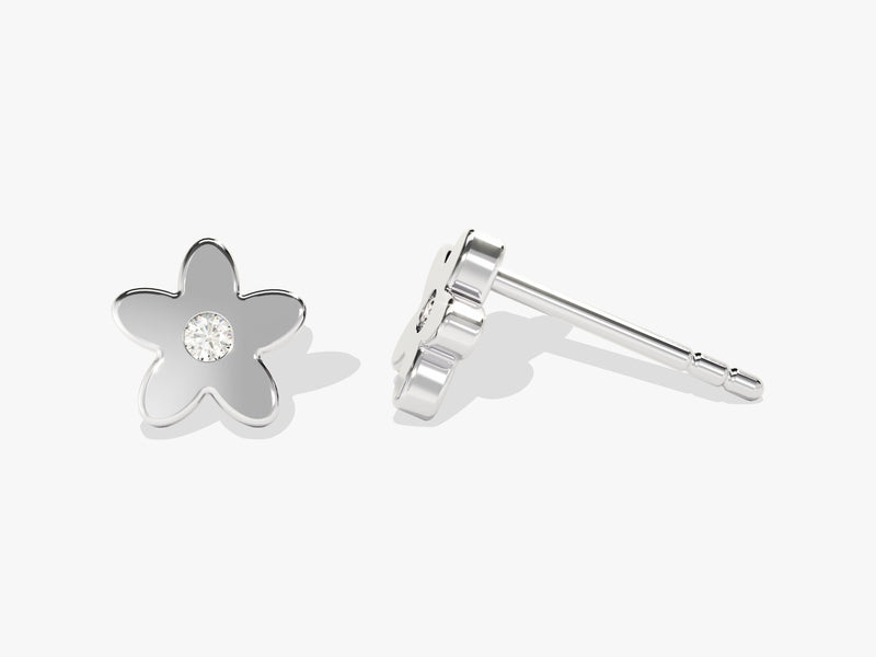 14k Solid Gold Flush Set Diamond Flower Stud Earrings